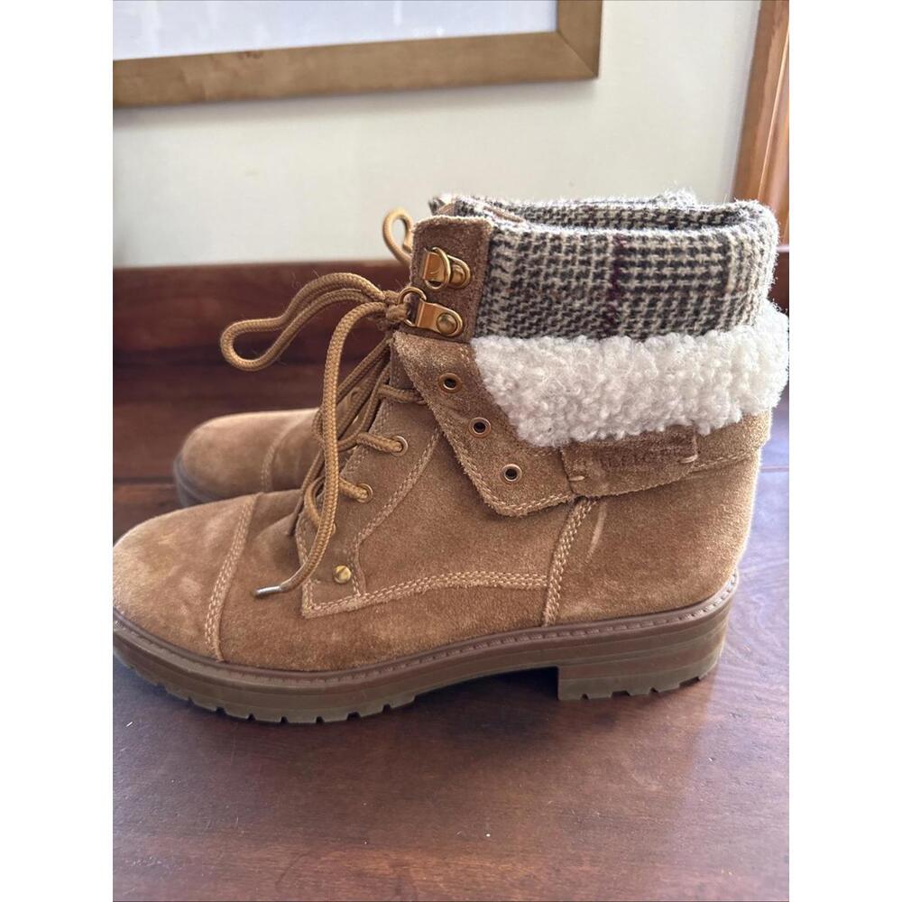 Tommy Hilfiger Women Sz 7 Dyan Suede Leather Ankle Boots Brown Plaid Top EUC - Picture 5 of 11